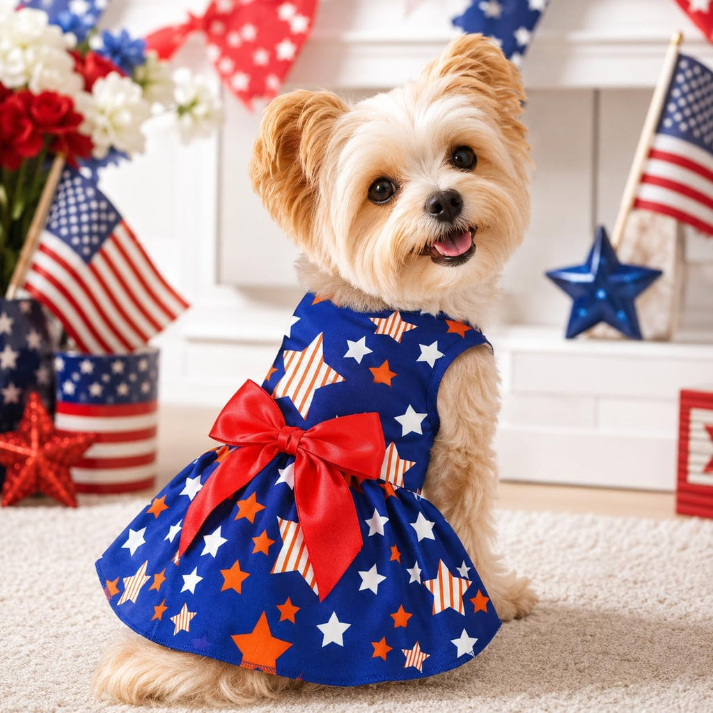 Close up details of the star pattern and stitching on the Miiemiu pet dress.