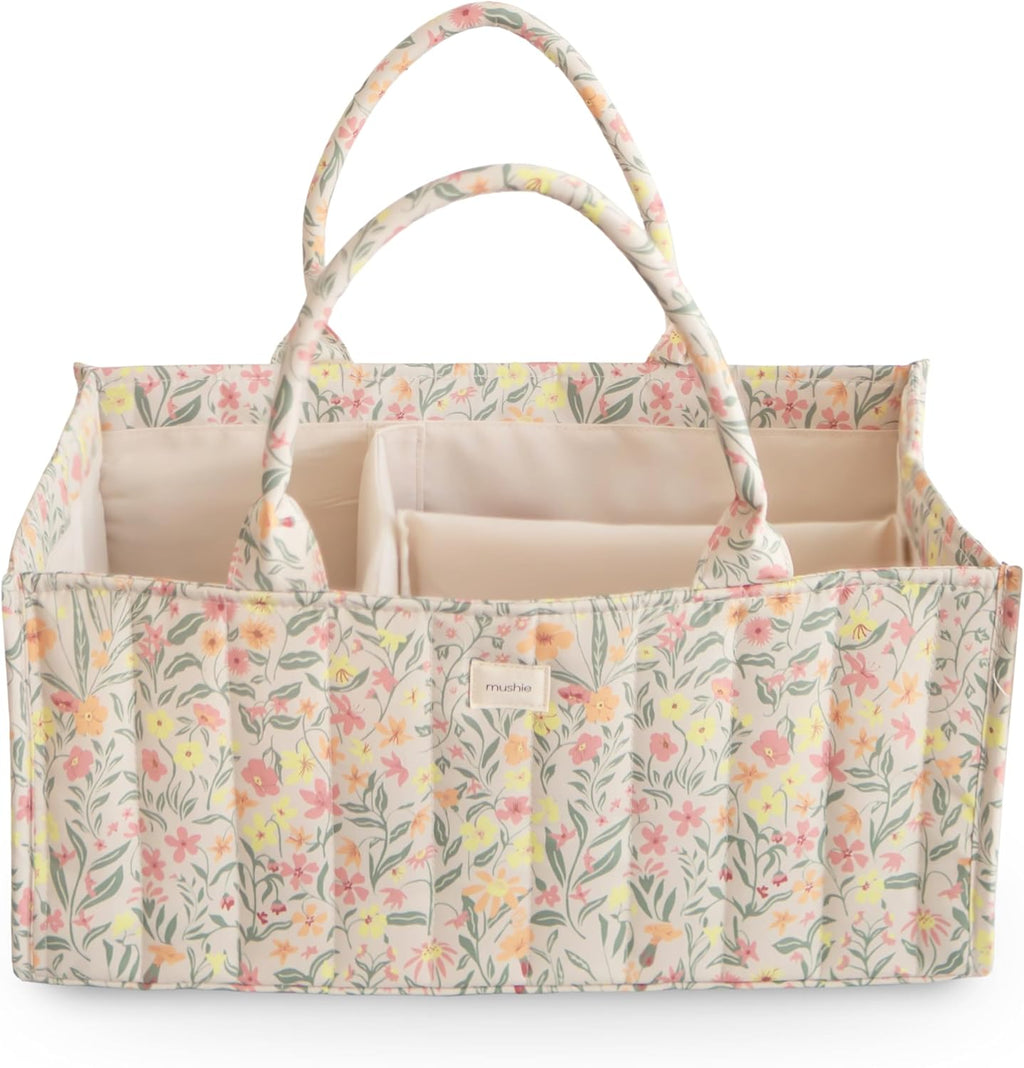 Mushie baby diaper caddy pastel blooms front view