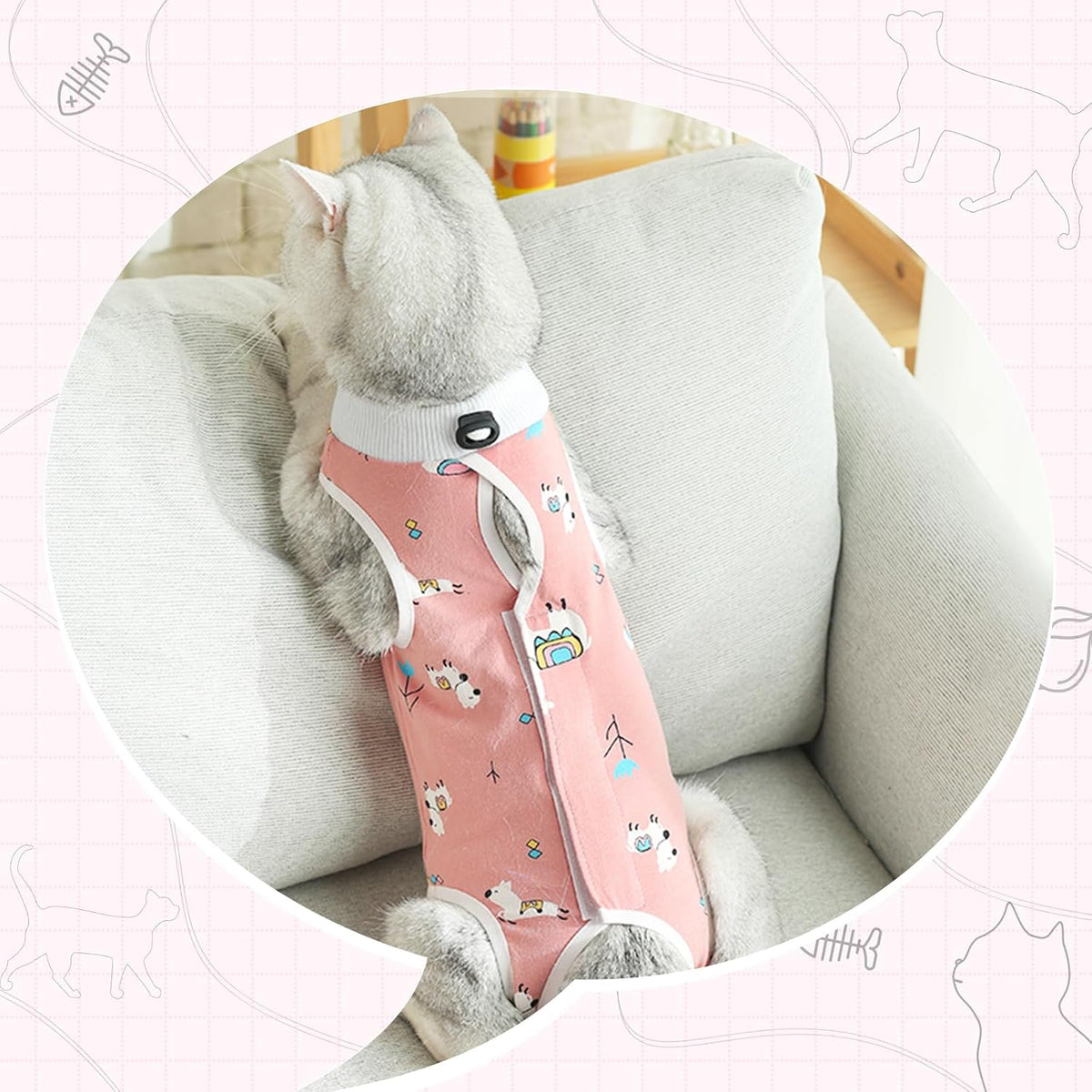 Back view of cat recovery suit with adjustable straps
