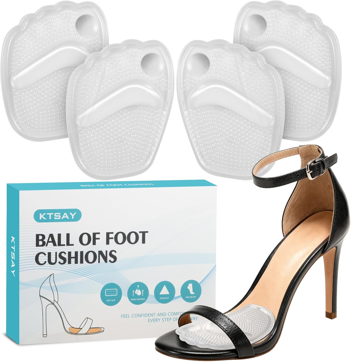KTSAY Metatarsal Pads front view clear gel cushions for foot pain.