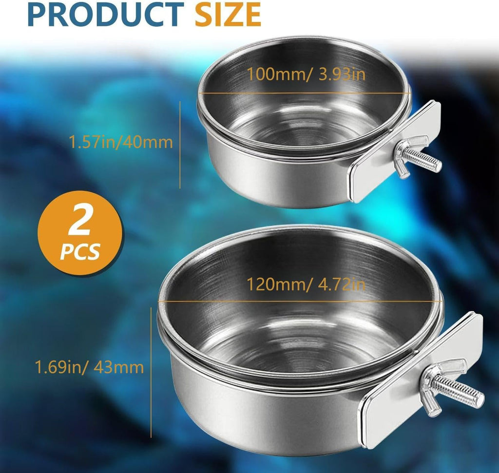 Dual size stainless steel parrot food and water cups with metal holders