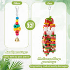 Demonstration of bird interaction and chewing engagement with the colorful wooden elements