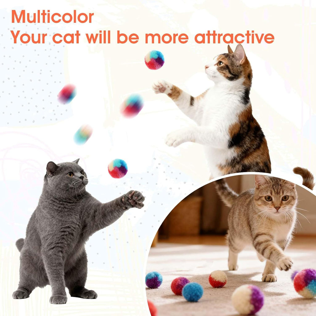 A collection of twenty assorted rainbow colored interactive kitty balls spread out for self play.