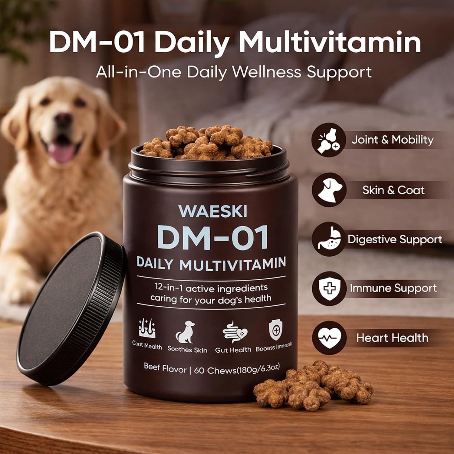 KOVGOCY dog multivitamin 12-in-1 soft chews showing beef flavor label