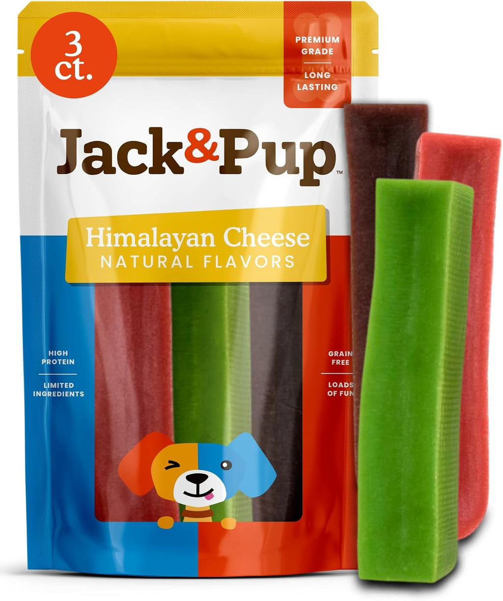 Back label of Jack And Pup Yak Cheese Himalayan Dog Chews showing usage instructions and wholesome ingredient details.