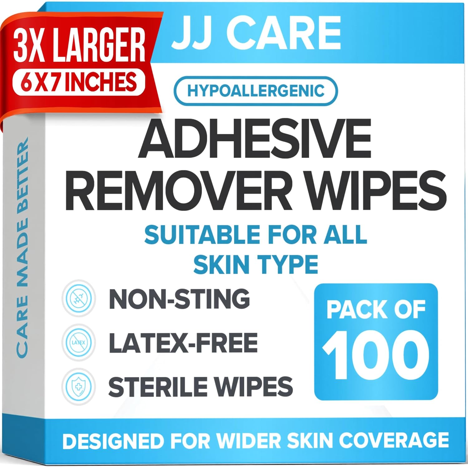 JJ CARE Adhesive Remover Wipes 100 Pack front view for medical residue removal