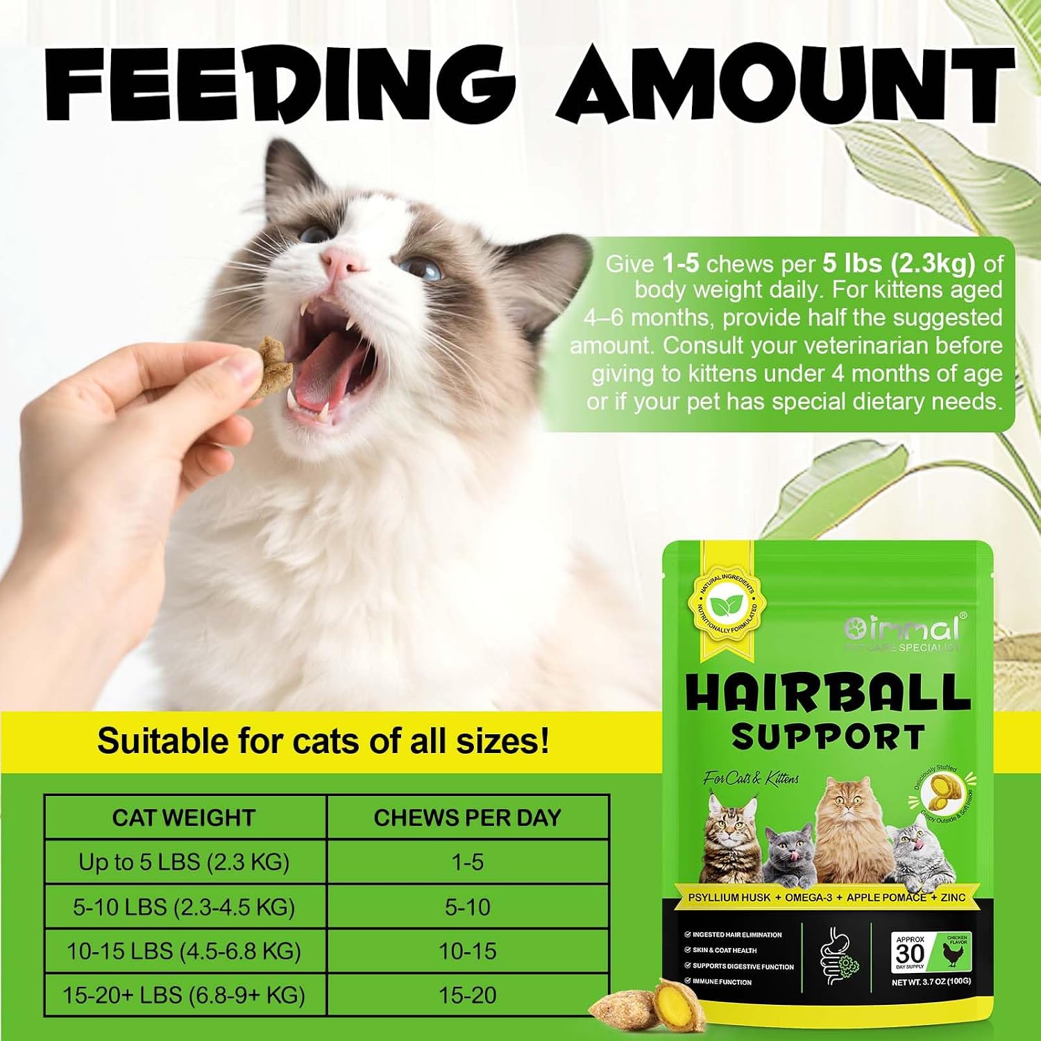 Daily preventative hairball remedy treats for long haired adult cats and kittens.