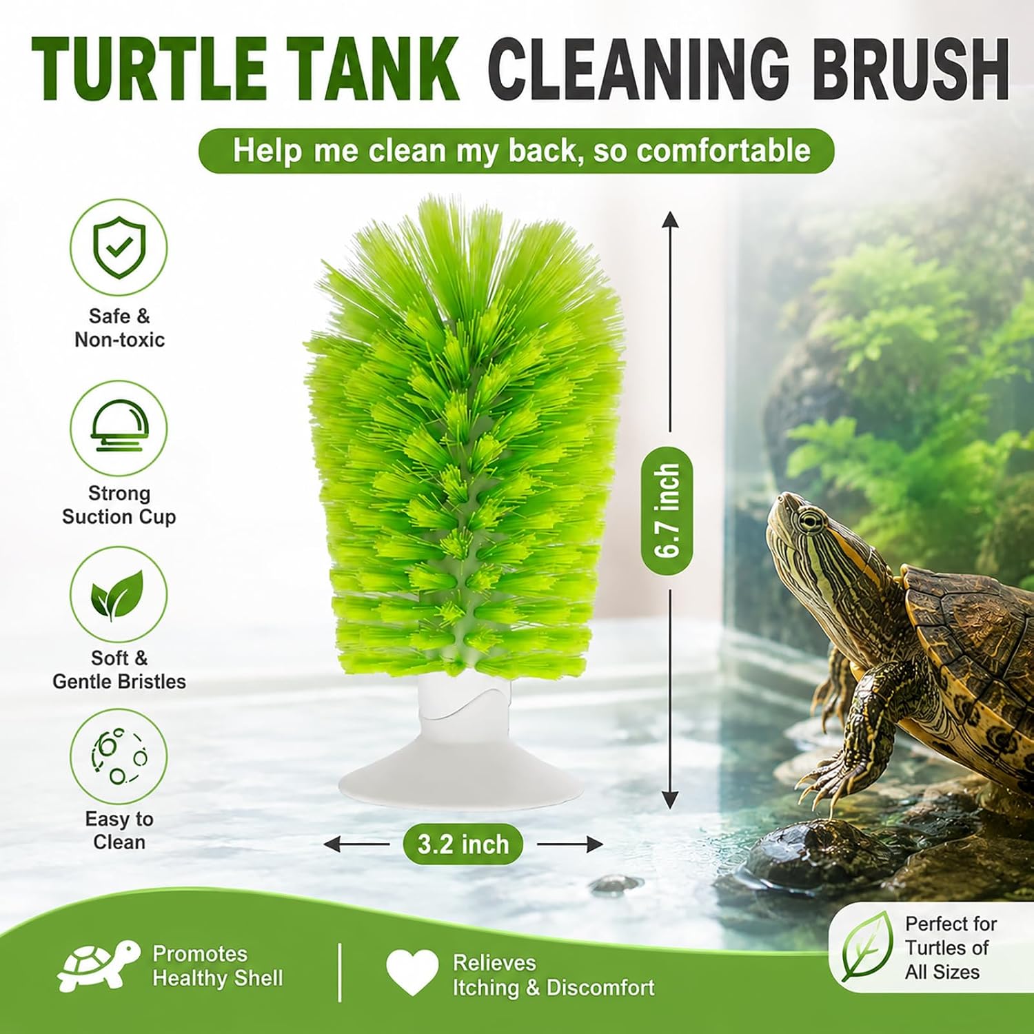 Green turtle shell cleaning brush with strong suction cup base attached to glass