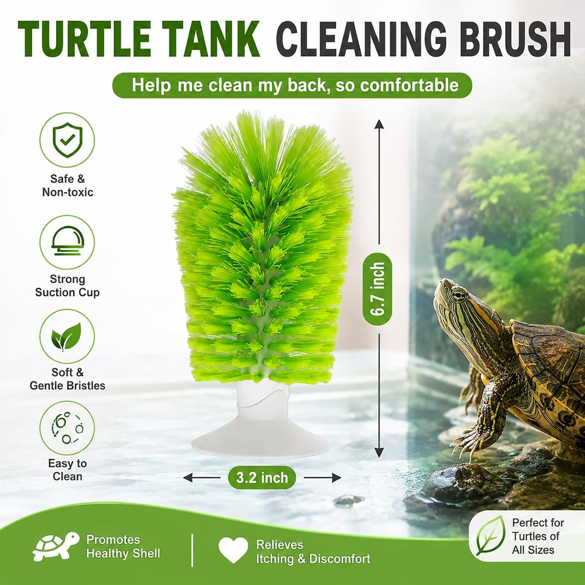 Green turtle shell cleaning brush with strong suction cup base attached to glass
