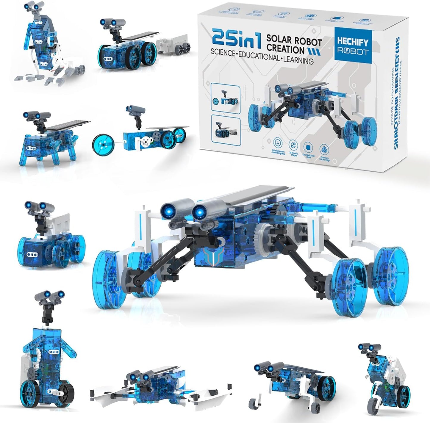 Hechify STEM 25-in-1 solar robot kit box front view showcasing various assembled science toy models.