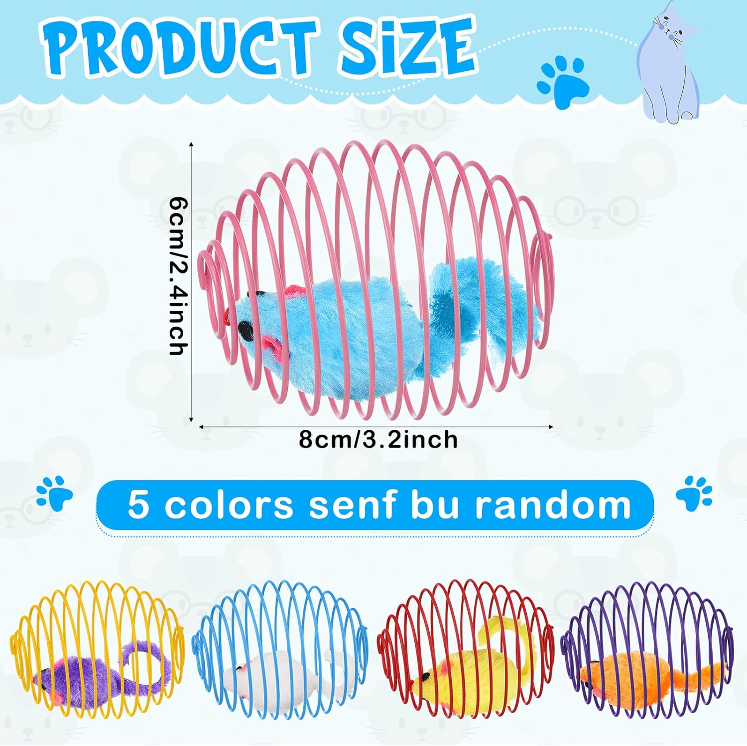 Vibrant blue pink and purple stretchable cat spring toys displayed on floor