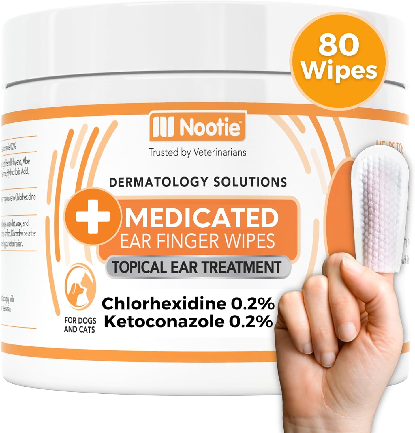 Nootie Medicated Ear Finger Wipes packaging front view for dog and cat ear care.
