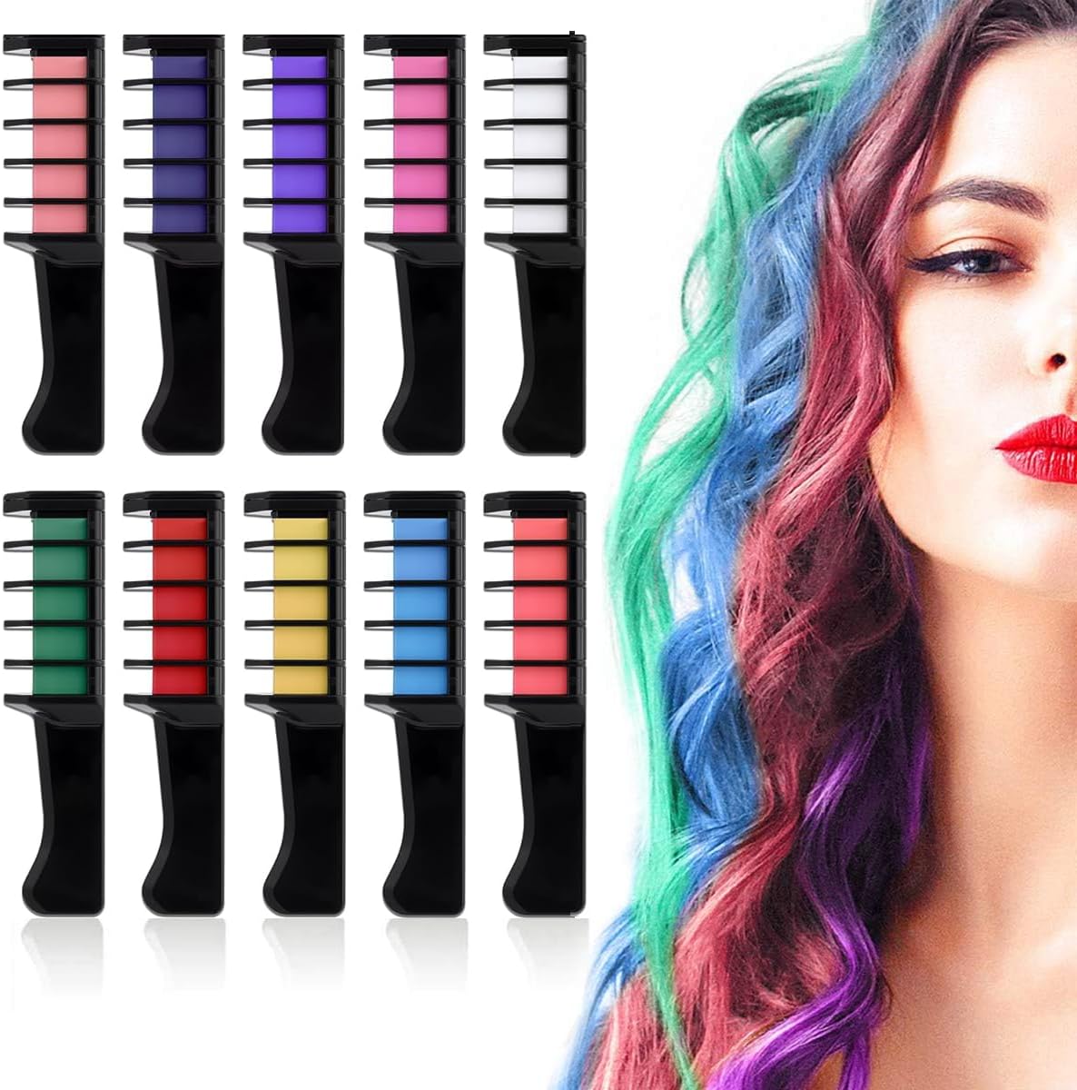 Generic 10 colors festive fun hair chalk combs set front view