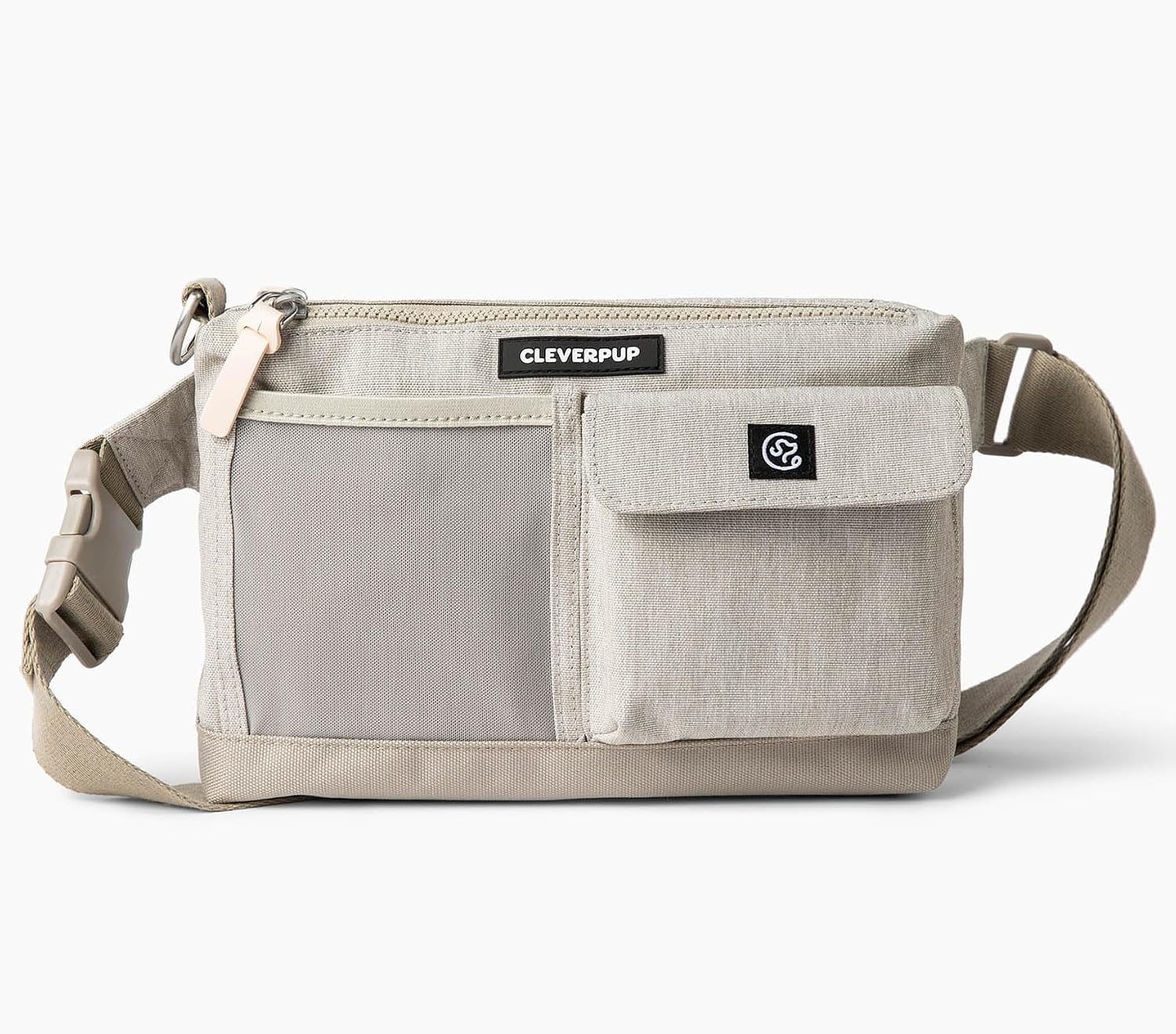Cleverpup sand colorway dog treat holder sling showing zipper compartments