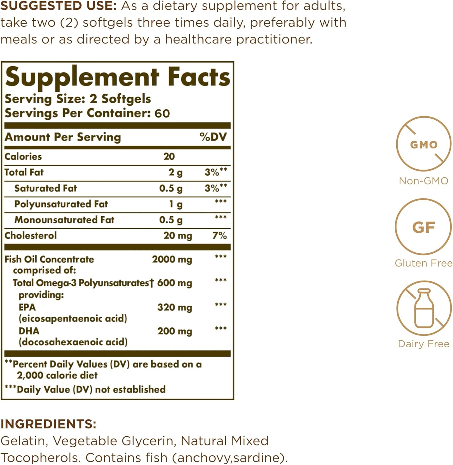 Solgar Omega 3 Fish Oil Concentrate supplement nutrition facts and ingredient label.
