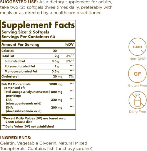 Solgar Omega 3 Fish Oil Concentrate supplement nutrition facts and ingredient label.