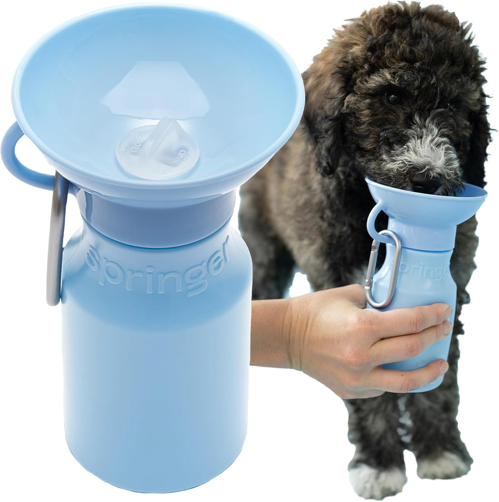 Springer Mini Travel Dog Water Bottle in Sky Blue front view with integrated drinking bowl