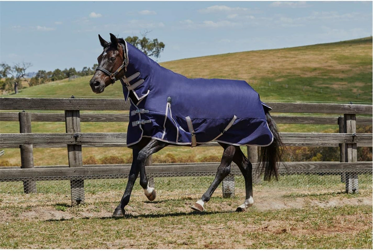 WeatherBeeta combo neck medium weight horse rug navy silver red side view