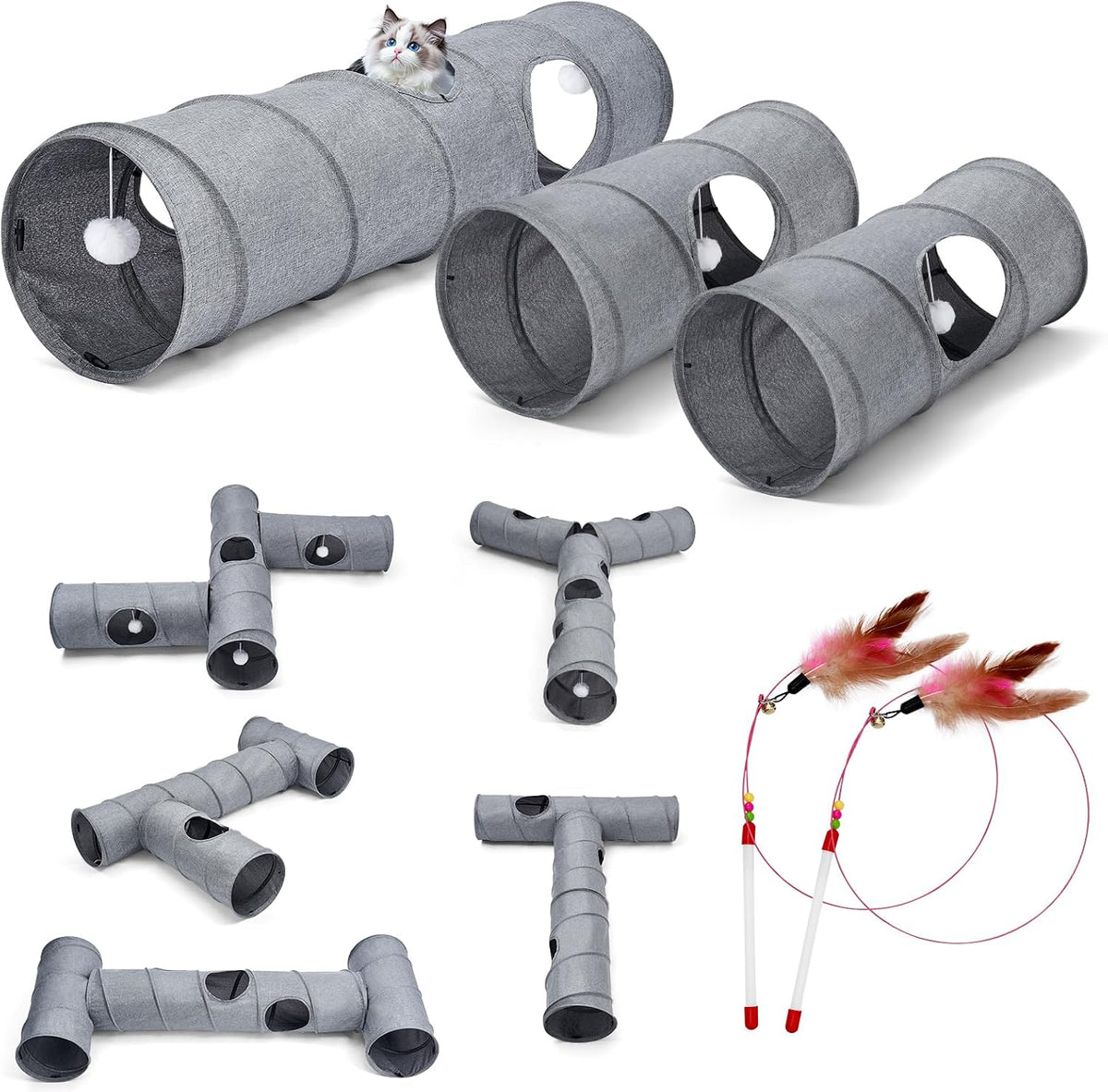 Odoland 3 straight shaped cat tunnel system front view in grey linen fabric