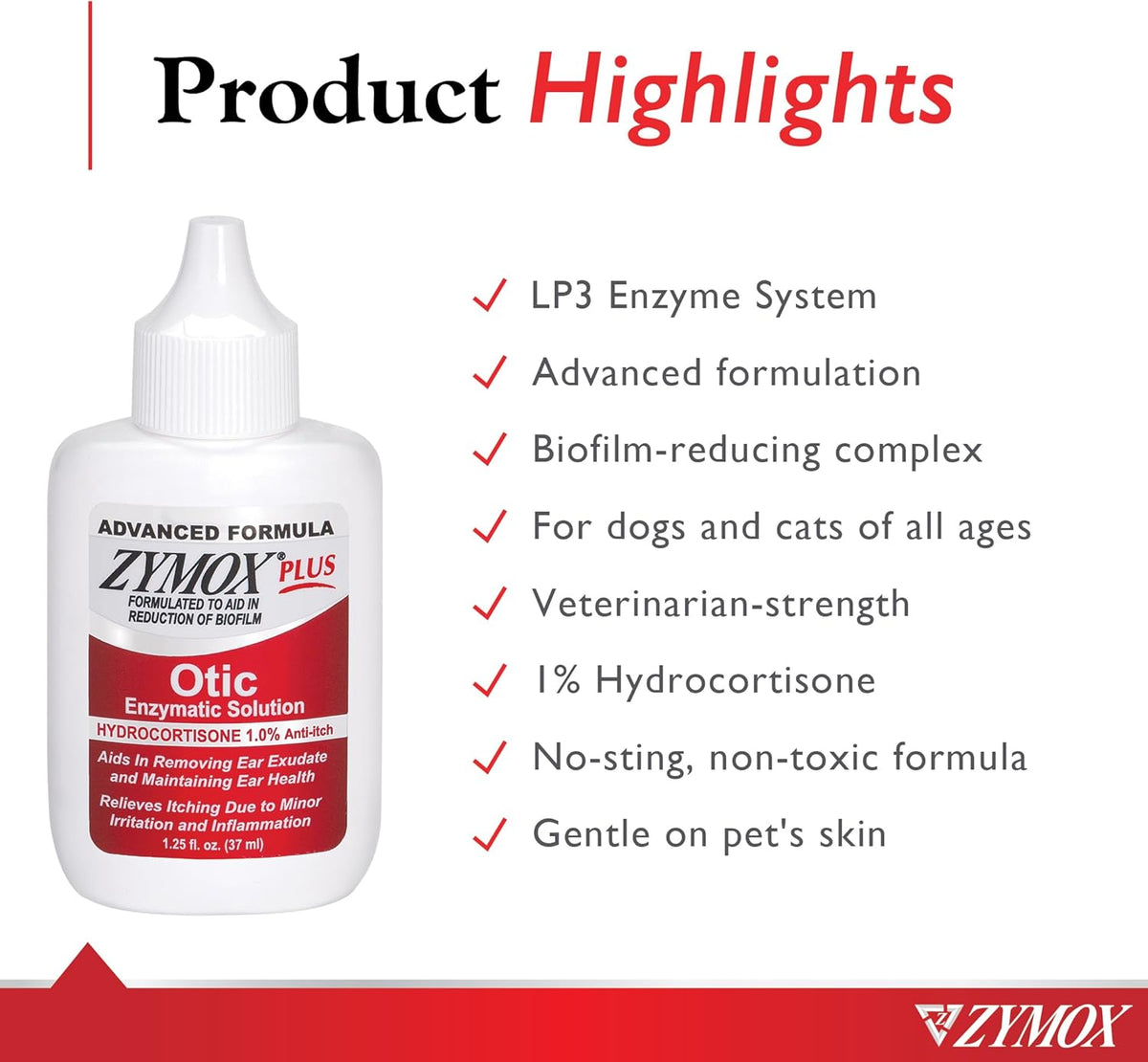 Zymox enzymatic ear solution bottle with ingredient highlights