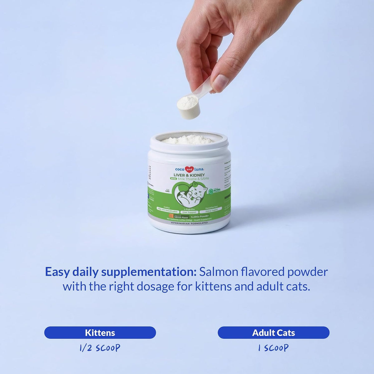 Veterinarian formulated cat detox powder container base displaying clear usage instructions