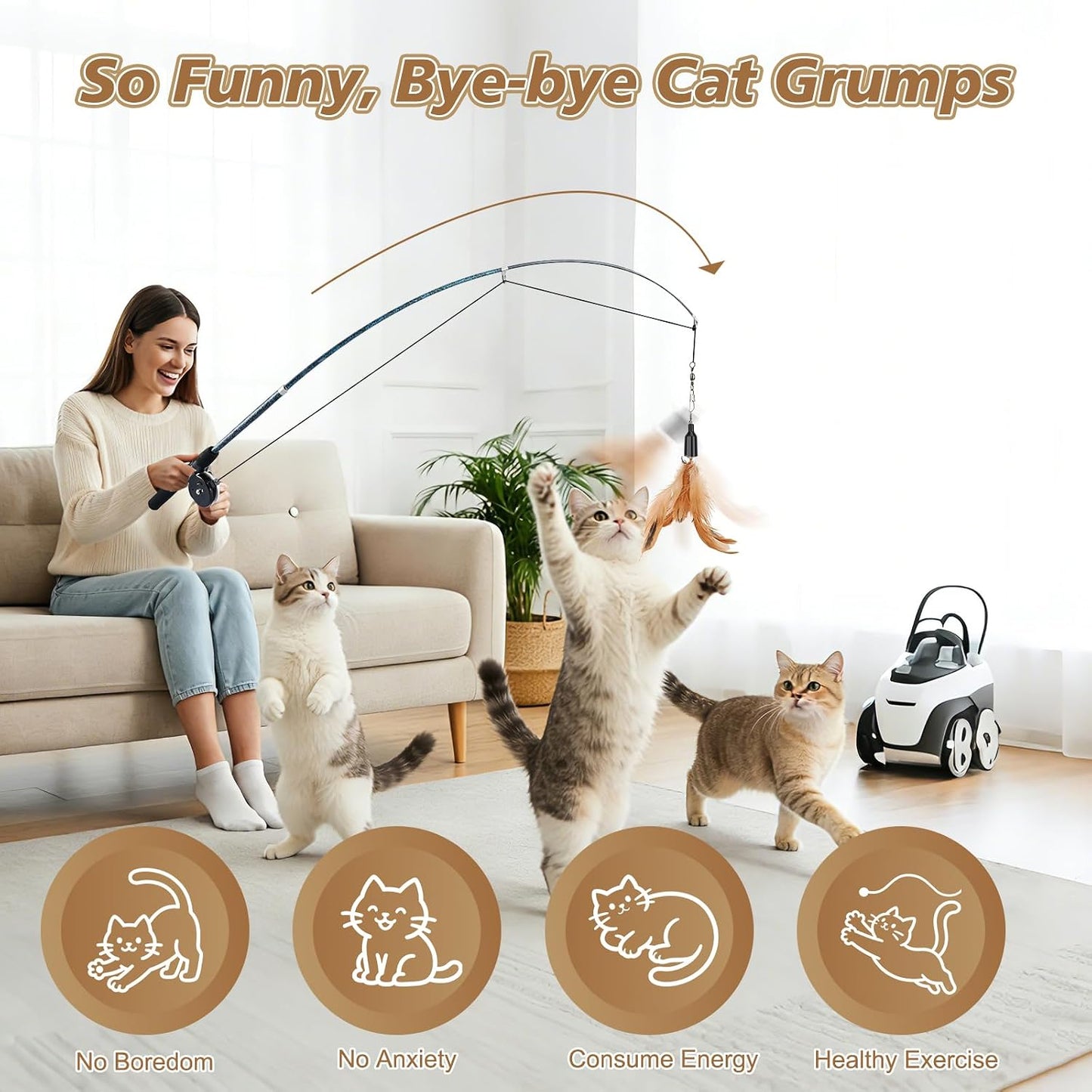 Pawababoo cat toy interchangeable flying fish attachment with audible bell.