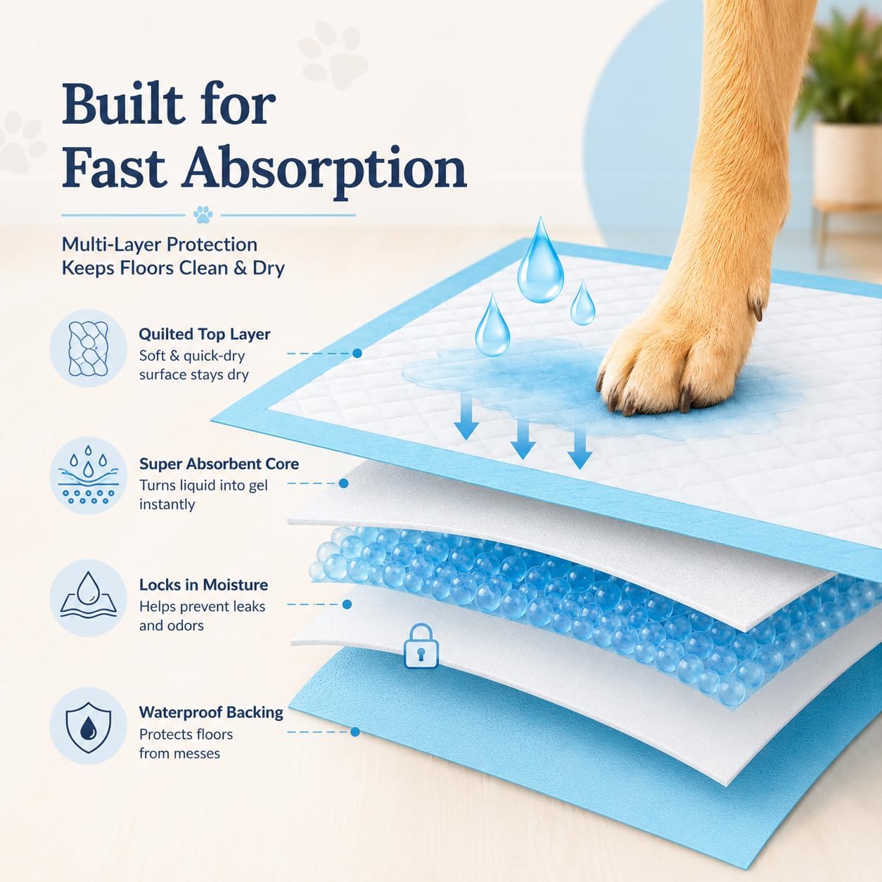 Six layer ultra absorbent polymer doggy pad structure demonstration