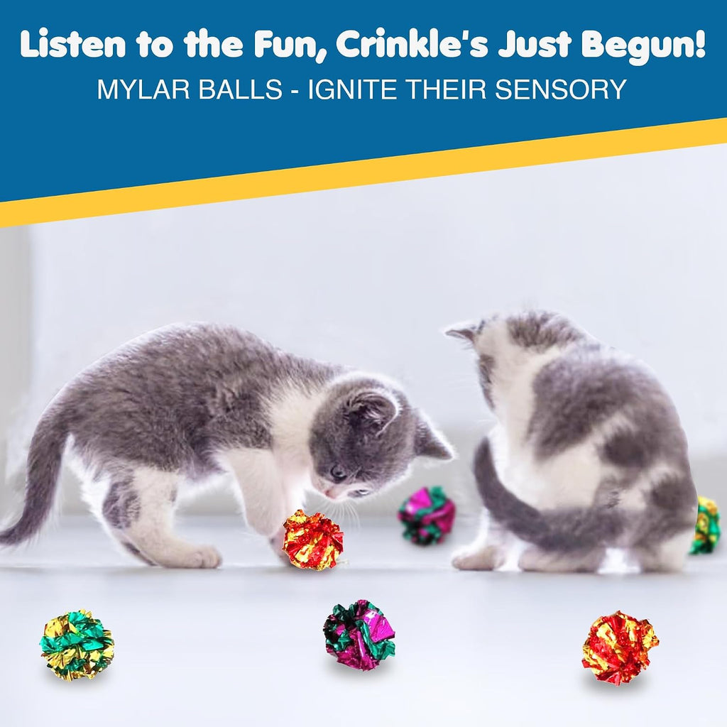 Six pieces of multi colored reflective cat crinkle balls.
