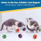 Six pieces of multi colored reflective cat crinkle balls.