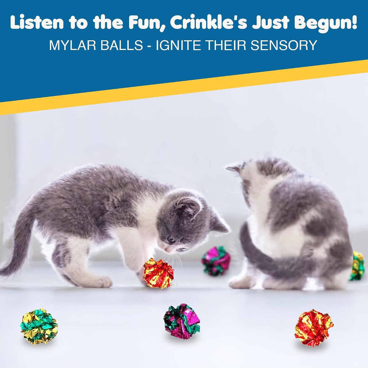 Six pieces of multi colored reflective cat crinkle balls.