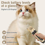 Rechargeable cordless pet hair clipper displaying battery accessories