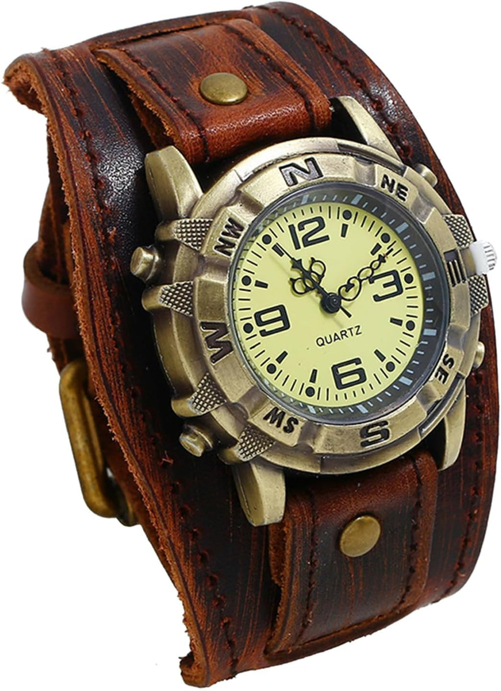 Avaner gothic wide band quartz watch close up on the clear Arabic numerals and three hand display