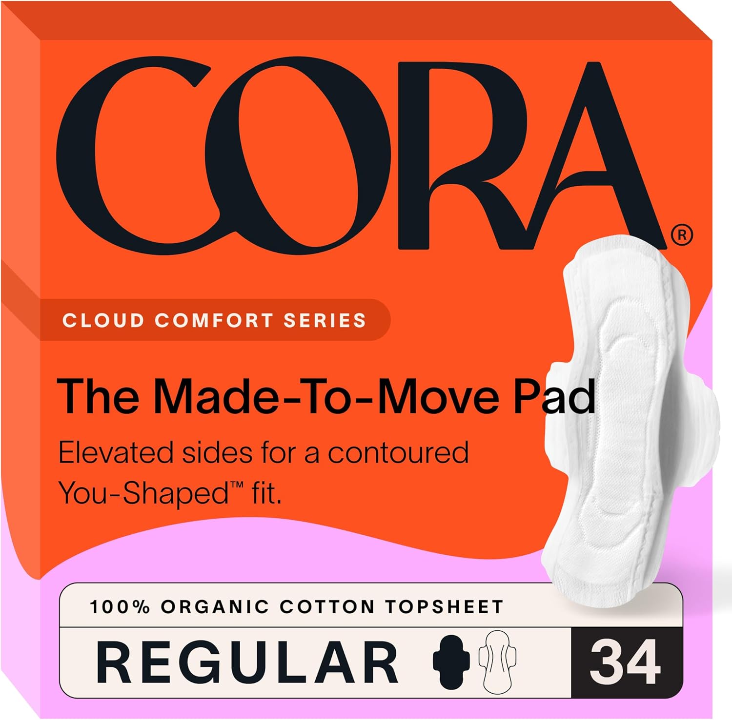 Cora 100% Organic Cotton Topsheet Pads 34 count front view for regular flow.