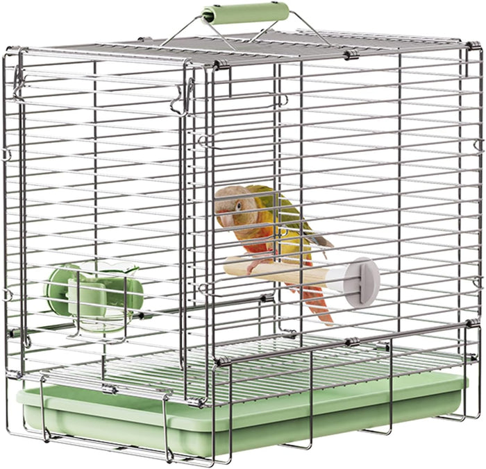 Bird Carrier Travel Cage - 304 Stainless Steel Portable Folding Bird Travel Cage with Parrot Feeder Cups & Standing Perch for Smaller Birds Conures Lovebird Cockatiel Parakeets (Green) - Image 1