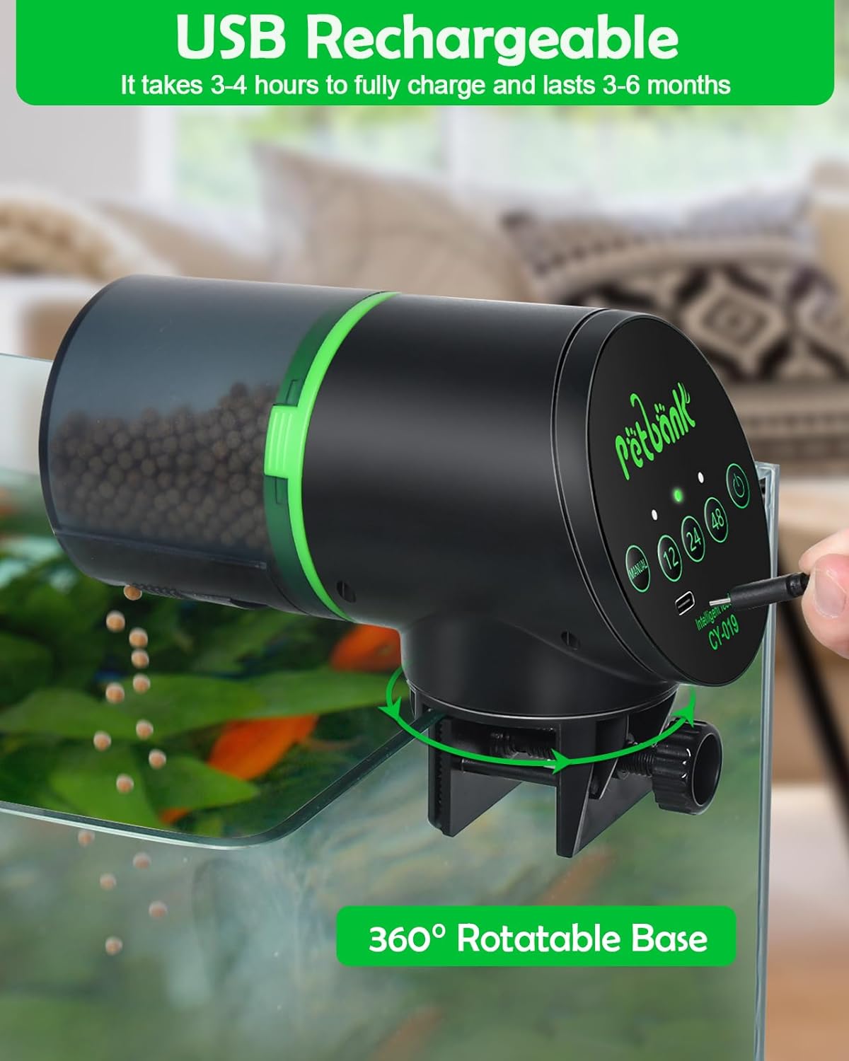 Petbank automatic fish feeder installed on a tank lid using the alternative adhesive sticker method.