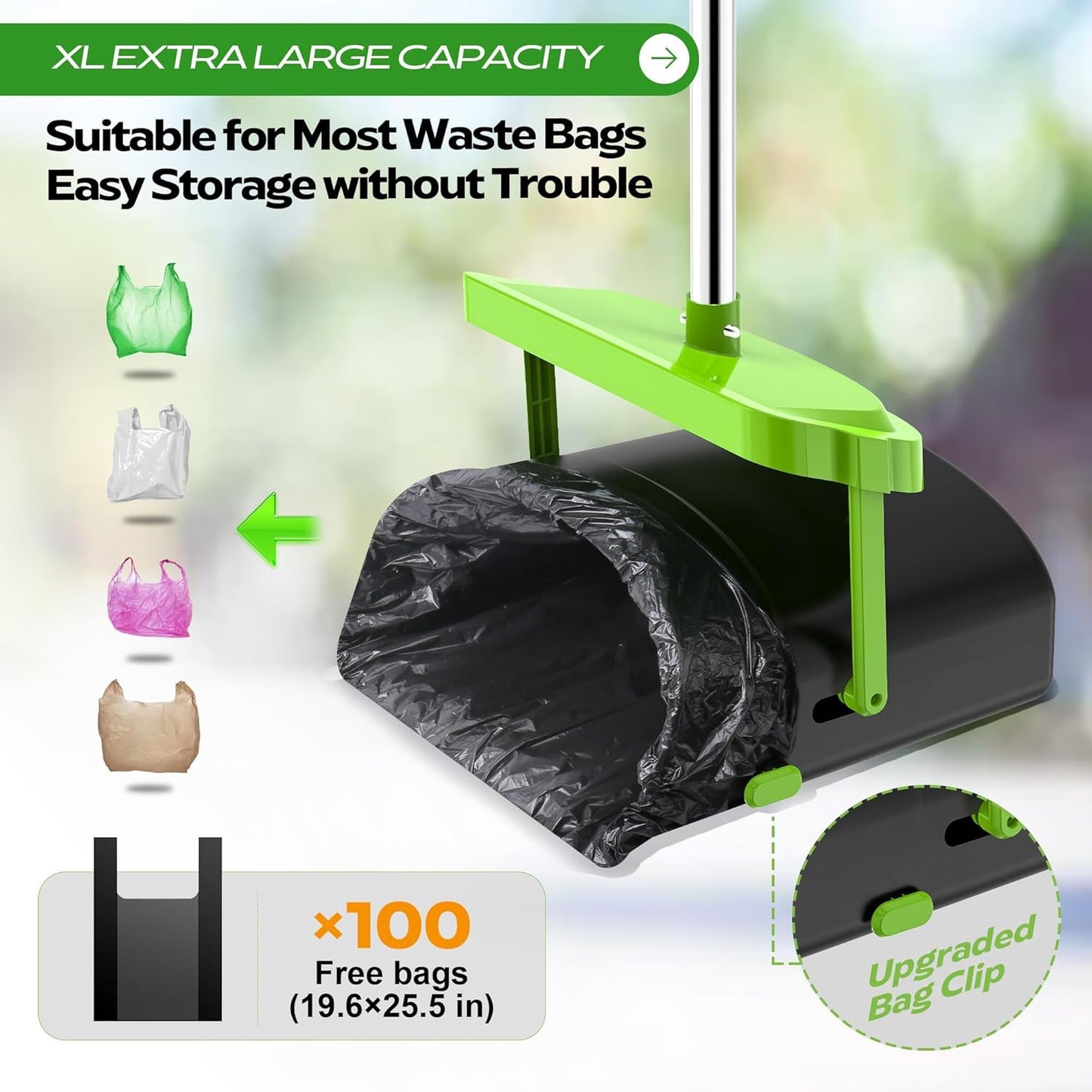 Green swivel bin with odor proof lid and attached waste bag