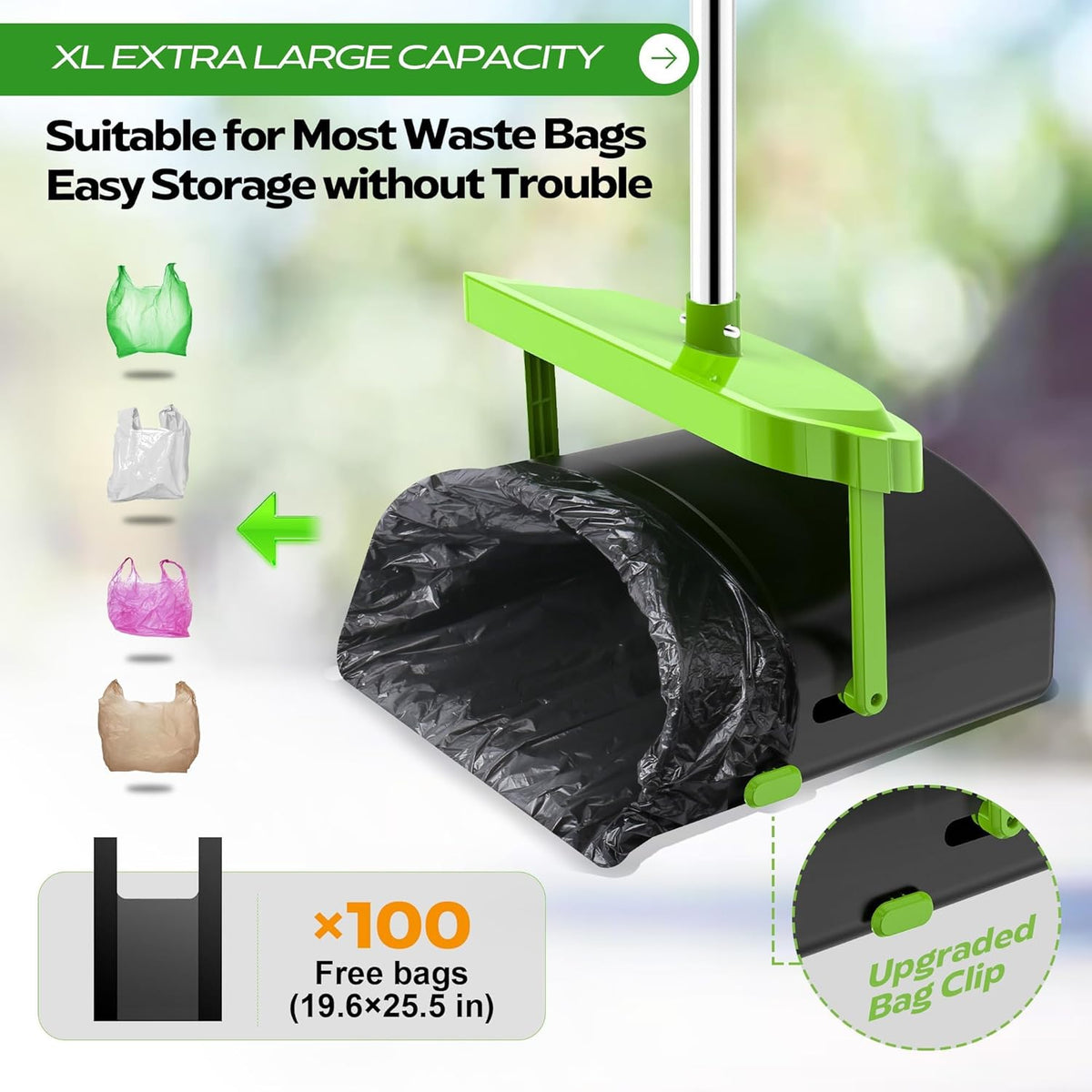 Green swivel bin with odor proof lid and attached waste bag