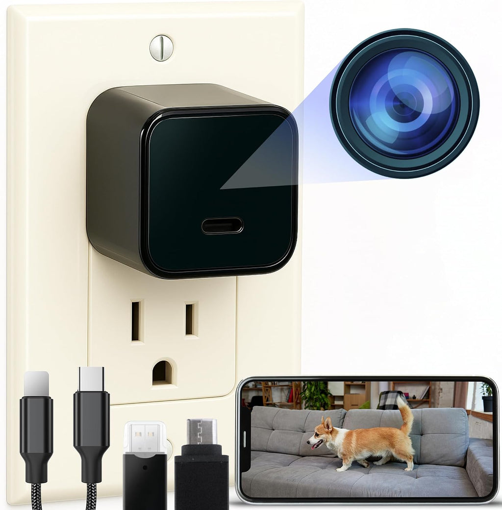 Alpha Tech indoor camera front view showing charger design