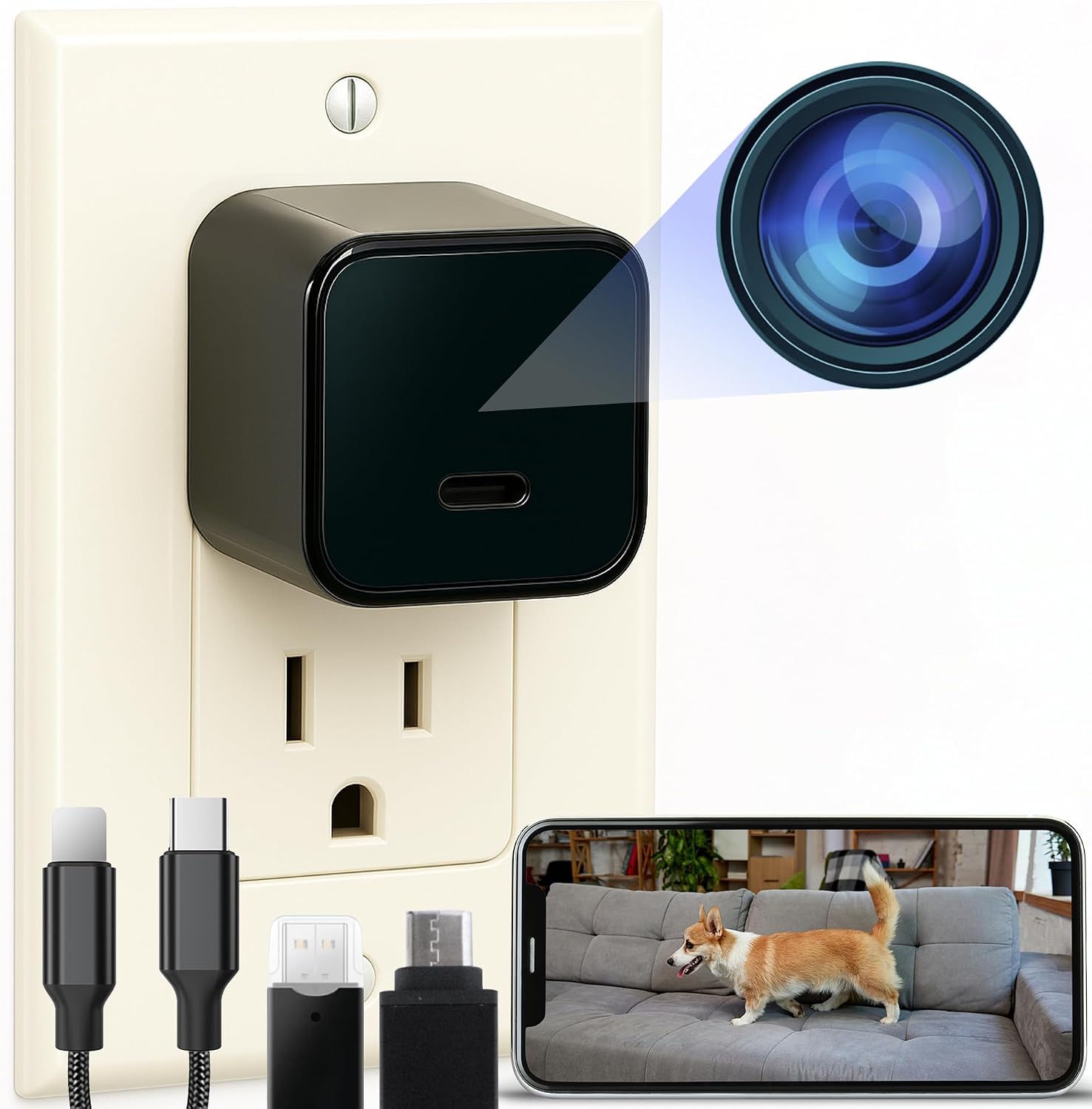 Alpha Tech indoor camera front view showing charger design