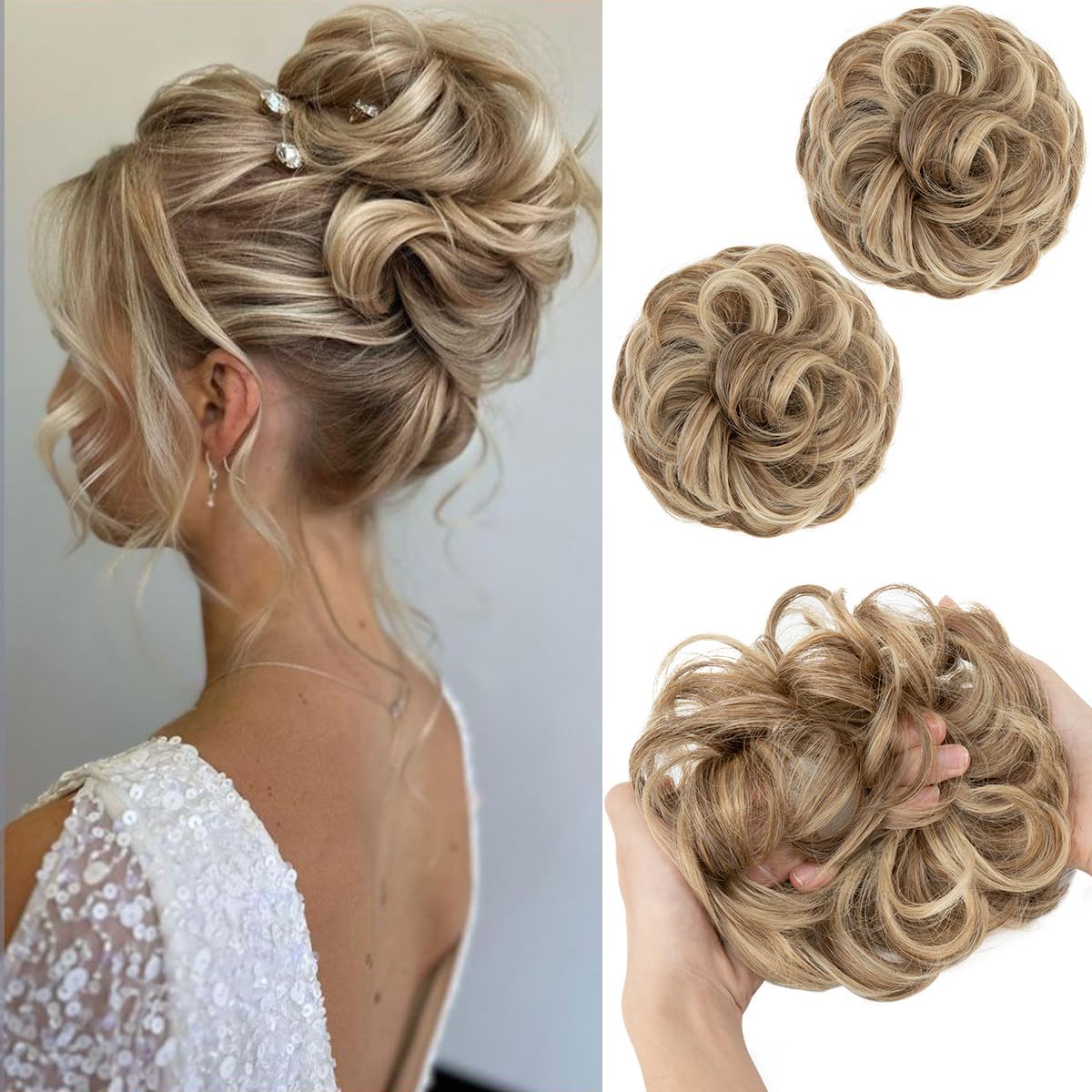 SARLA messy hair bun extensions front view showing realistic wavy curls
