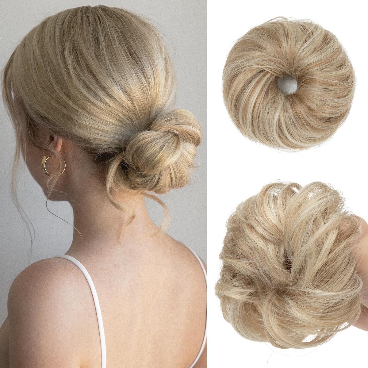 CJL HAIR Small Cute Messy Bun Hair Piece front view showcasing sunny blonde curly synthetic hair extensions.