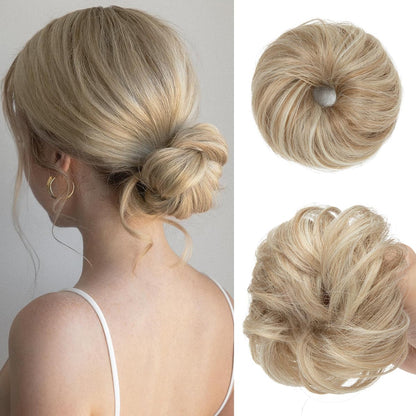 CJL HAIR Small Cute Messy Bun Hair Piece front view showcasing sunny blonde curly synthetic hair extensions.