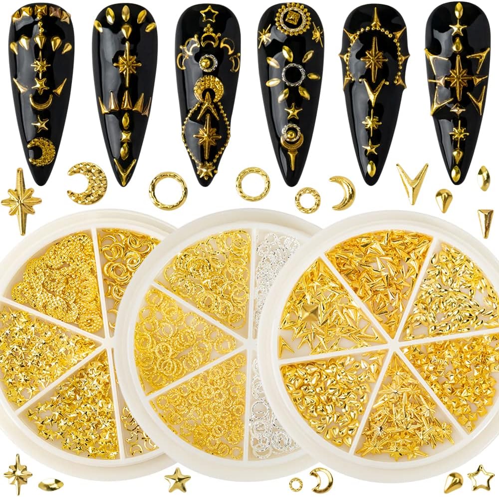 HNUIX Gold Nail Charms three boxes front view featuring celestial star and moon shapes for professional manicures