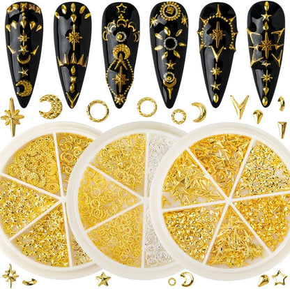 HNUIX Gold Nail Charms three boxes front view featuring celestial star and moon shapes for professional manicures