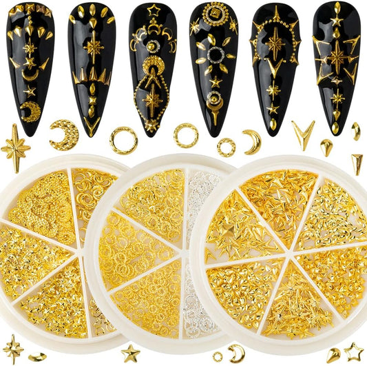 HNUIX Gold Nail Charms three boxes front view featuring celestial star and moon shapes for professional manicures