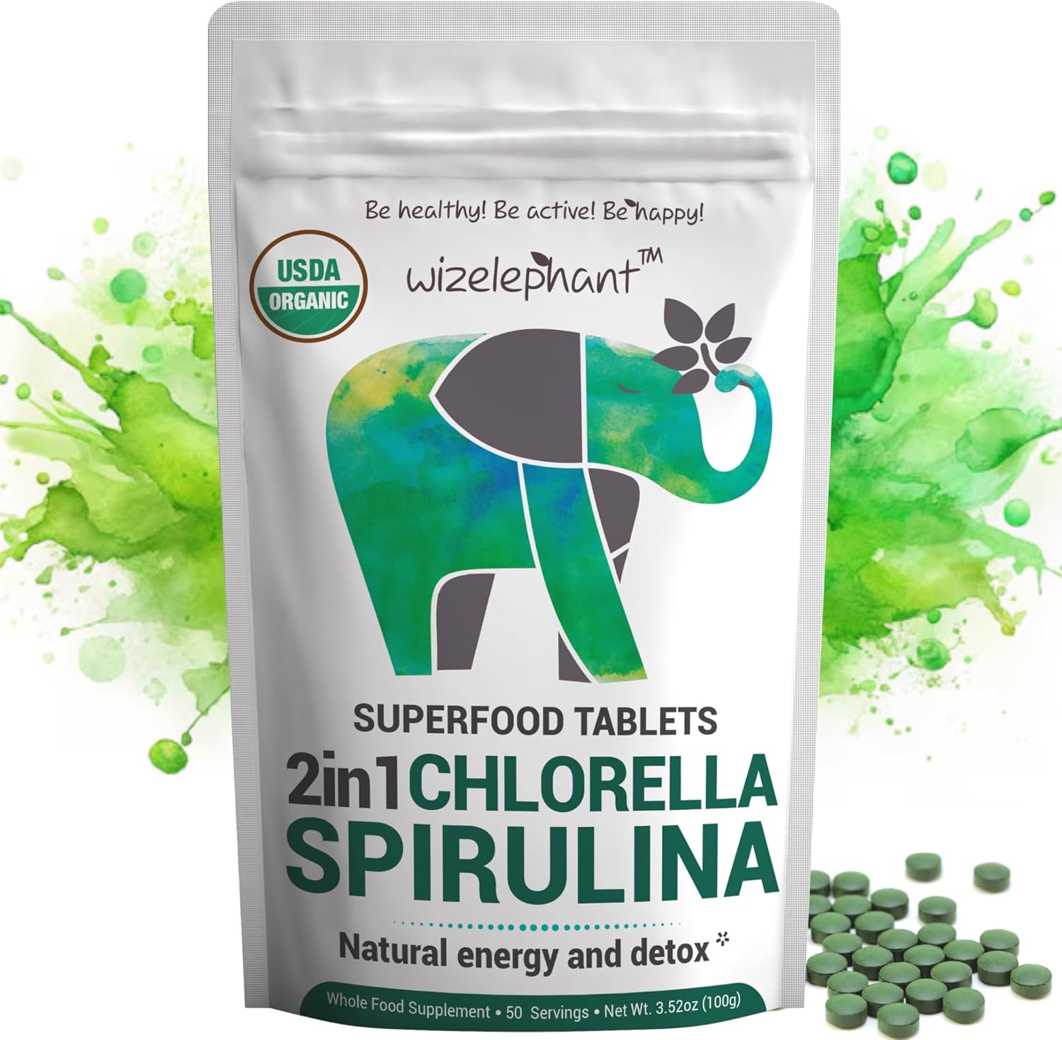 Wizelephant Organic Spirulina Chlorella tablets front packaging view