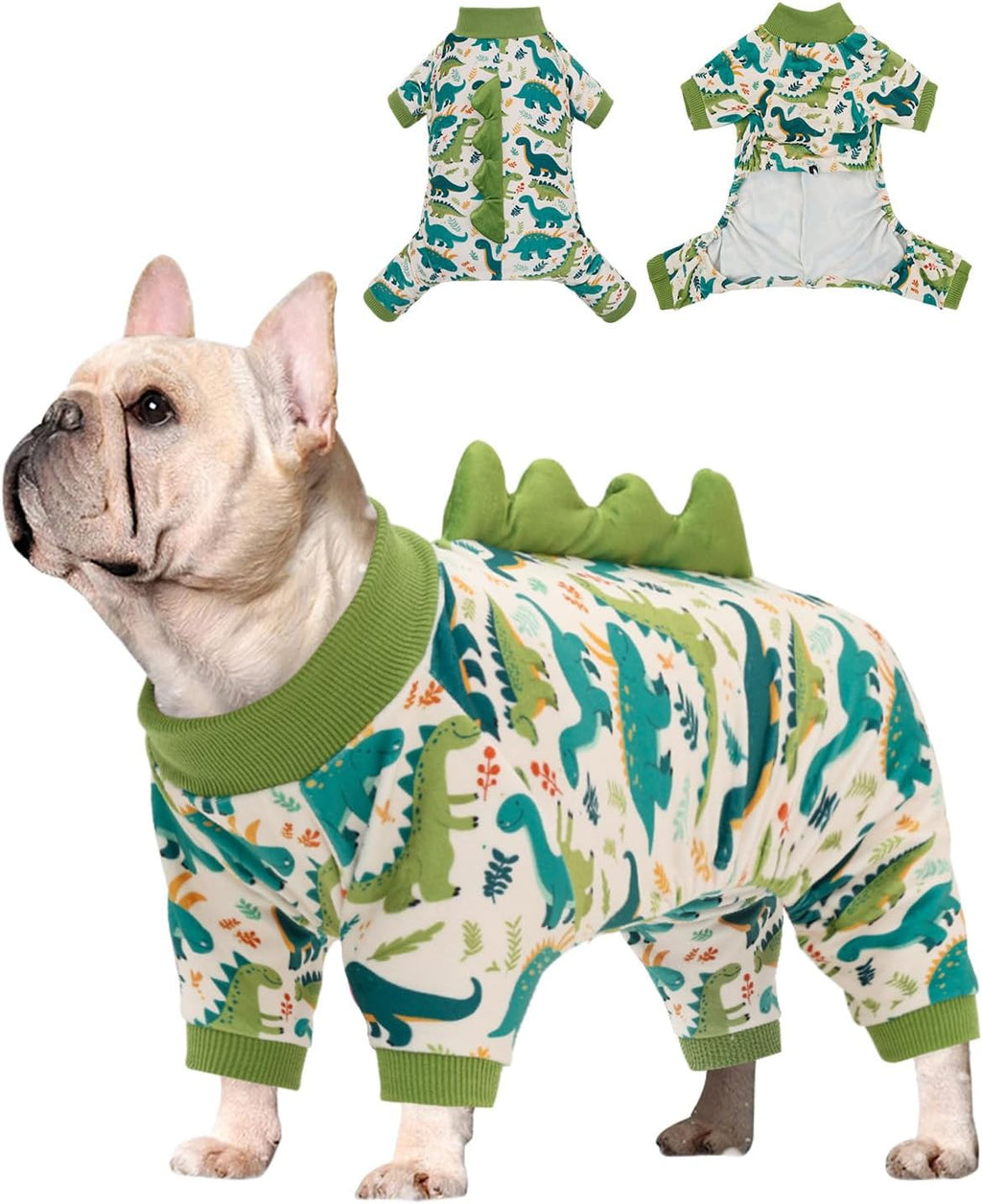 CuteBone dinosaur costume dog pajamas front view on a small puppy