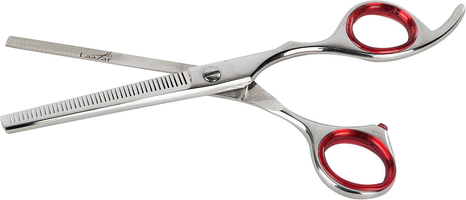 Laazar pet grooming scissors held for demonstration