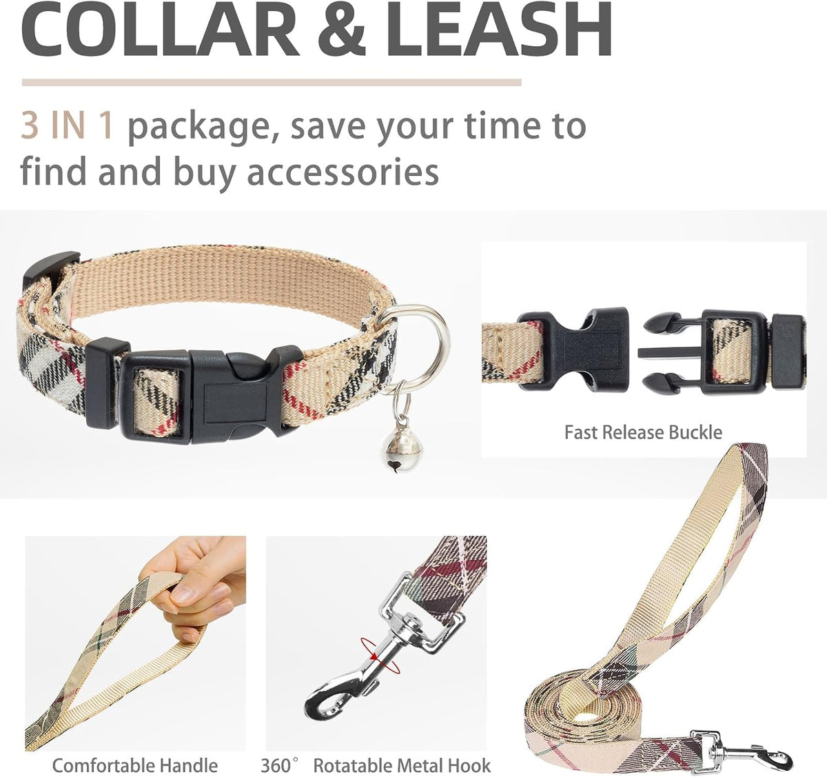 Pupteck dog collar and leash set with bell accessory