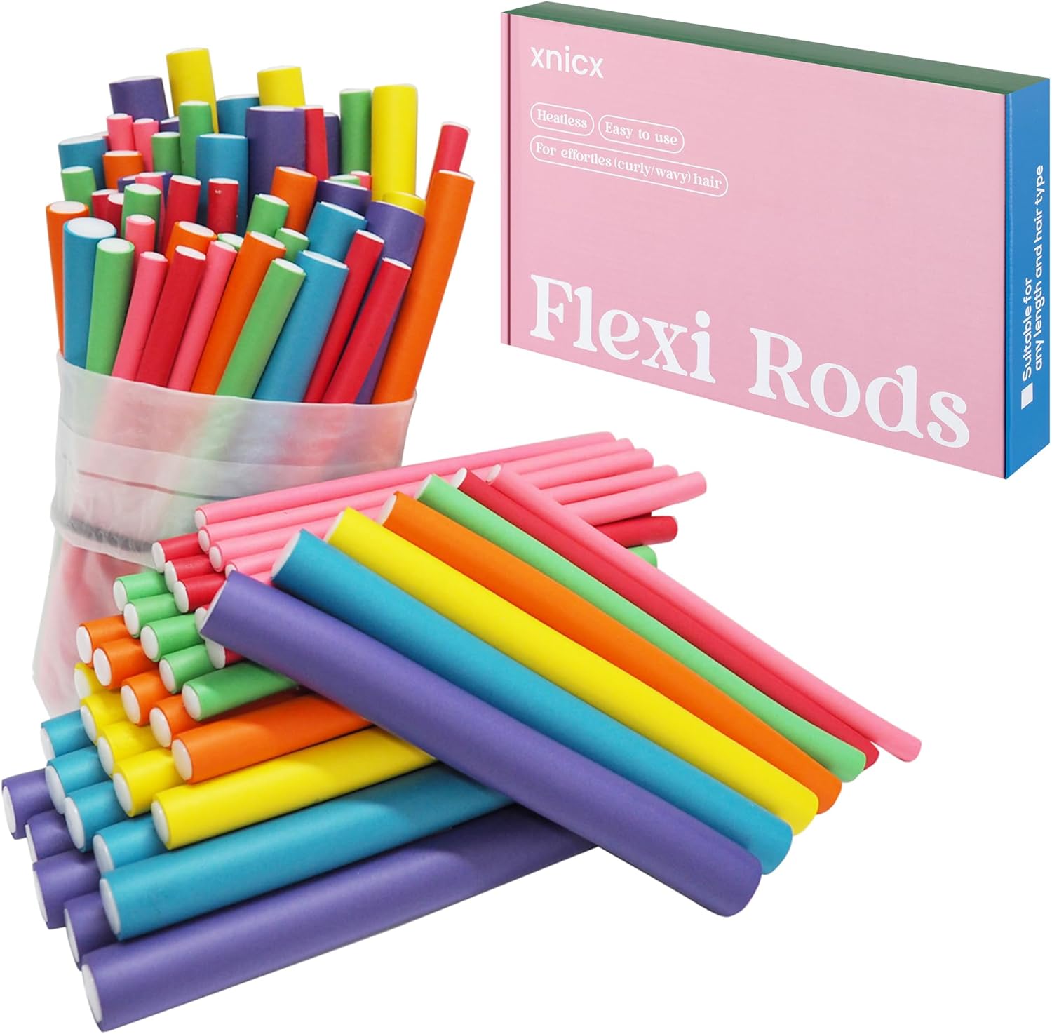 Xnicx flexible curling rods set front view showing forty-seven colorful heatless foam rollers for damage-free hairstyling.